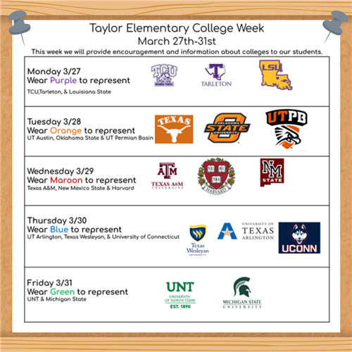  Taylor College colors week - March 27-31